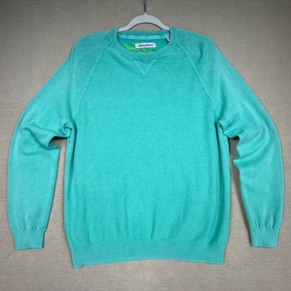 Tommy Bahama Mens Turquoise Aqua Cotton Waffle Knit Crewneck Sweater Size M